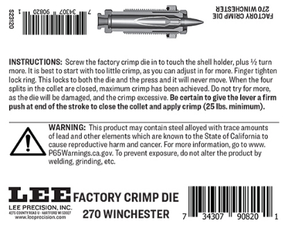 Lee Precision Factory Crimp Die For 270 Winchester – #90820, New Made In USA